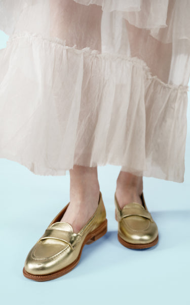 gold leather loafer