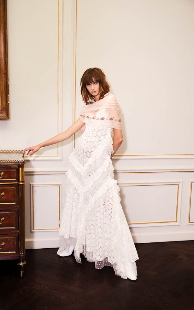 white lace bias cut maxi length dress