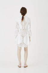 white lace, long sleeve, mini dress