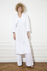 white trench coat. sustainable luxury clothing designed and made in melbourne by nevenka.