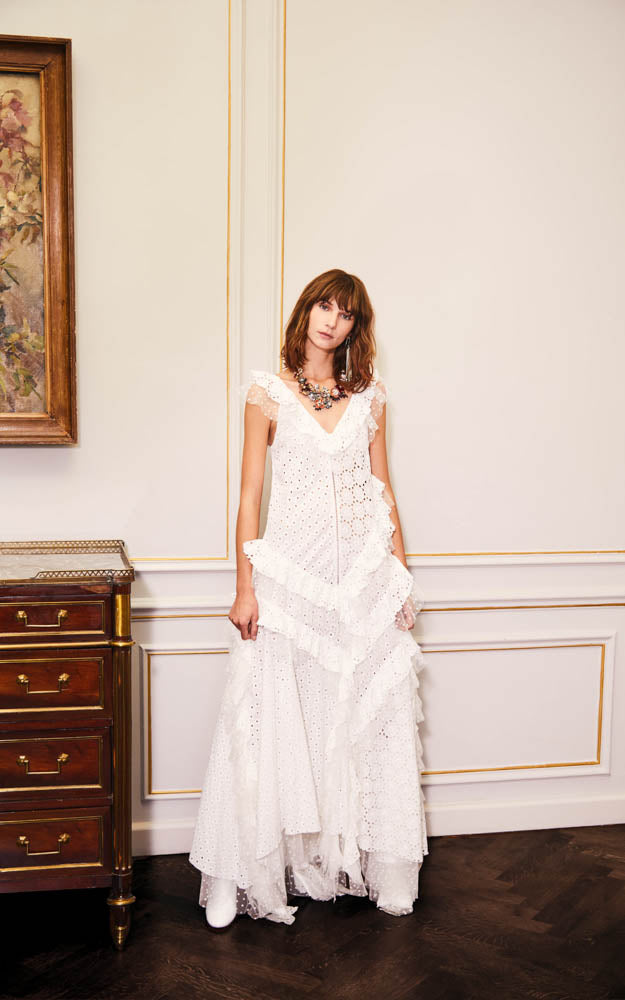 white lace bias cut maxi length dress